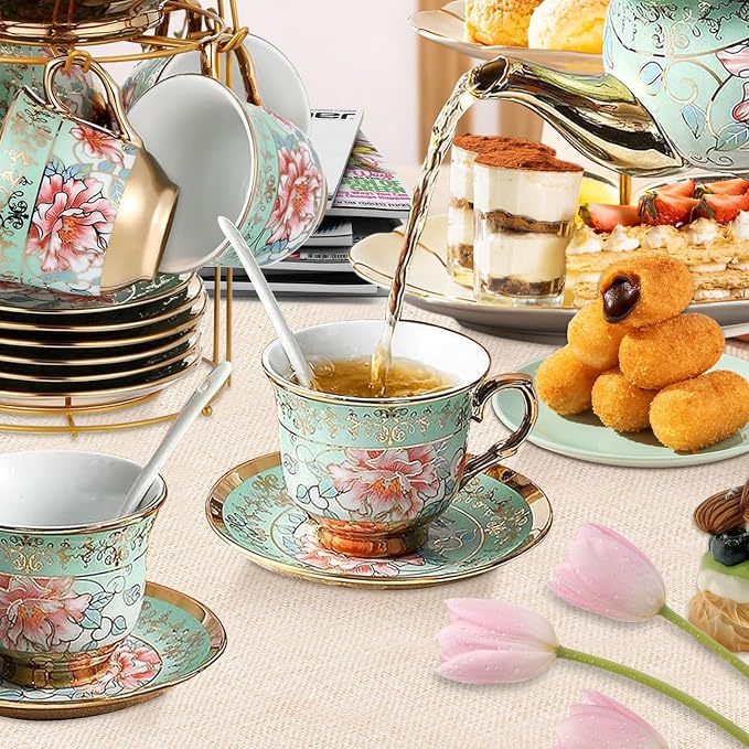 20 Pcs Porcelain Tea Set with Metal Holder, Adult Tea Set Gift, European Ceramic Tea Set for Adults, Enamel Flower Tea Cup Saucer Set for Party With Gold Flower Painting (Fresh Green)