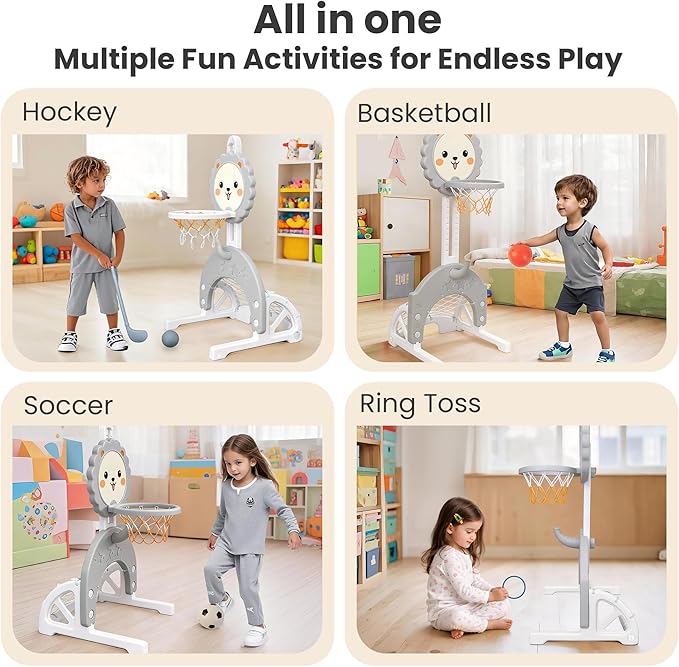 4-in-1 Toddler Basketball Hoop Adjustable Height Indoor Outdoor Sports Center for Kids Aged 1-3 Basketball, Soccer, Hockey & Ring Toss, Grey and White