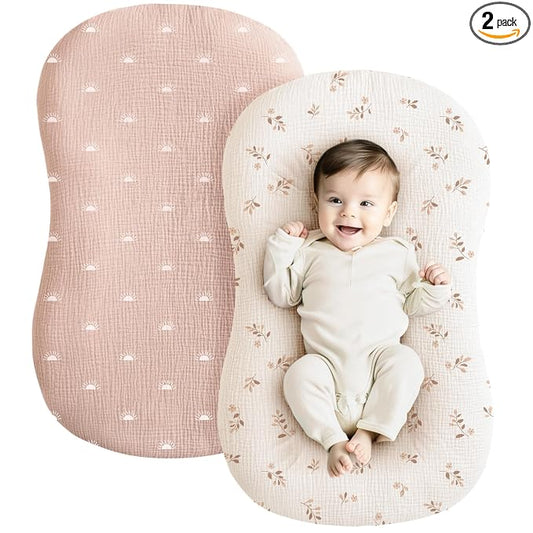 Konssy Muslin Baby Lounger Cover 2 Pack, 100% Cotton Newborn Lounger Cover, Soft and Breathable Baby Nest Slipcover for Boys Girls (Pink Sun,Khaki Leaf)
