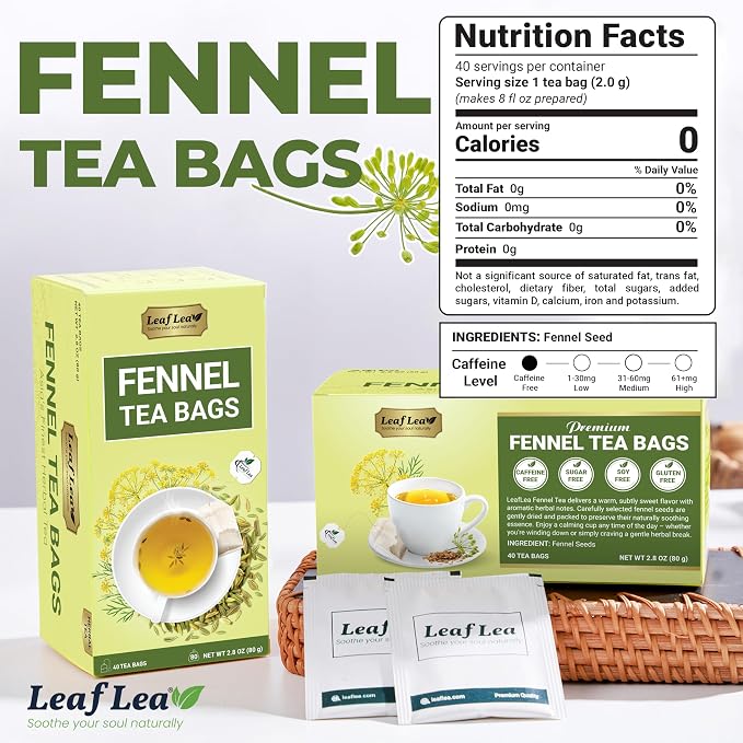 LeafLea Fennel Tea Bags, Pure Fennel Seed Tea, Foil-Wrapped, Caffeine-Free | Single-Ingredient Fennel Seed, Naturally Sweet & Soothing After Meals, 40 Bags, Sugar-Free, Vegan, Non-GMO