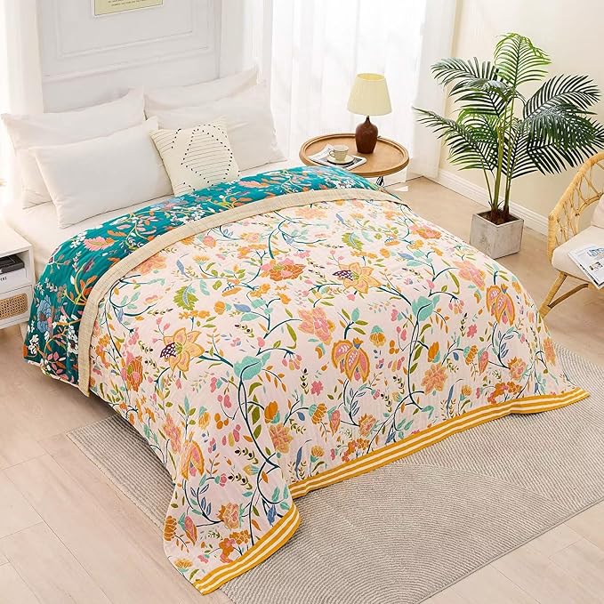 XIBLC Boho Throw Blanket for Bed, 100% Cotton Soft Rustic Quilt Fall Blanket, 50"x60" Yellow Floral Printed Farmhouse Decor Bed Blankets, All Season Rustic Reversible Bohemian Throw Quilt