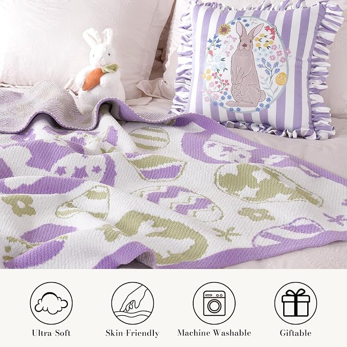 Animal Chenille Throw Blanket for Couch, Bunny and Eggs Knit Throws, Cozy Soft Summer Party Themed Blankets for Sofa, Bed, Gift & Decor, 50"x60", Purple/Green