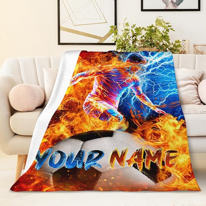 Boys Soccer Blanket Gift Personalized Throw Blankets for Toddler Kids Teens Soccer Lovers, 30x40 Inches Lightweight Soft Cozy Custom Sport Throw for Sofa Couch Chair Bedroom