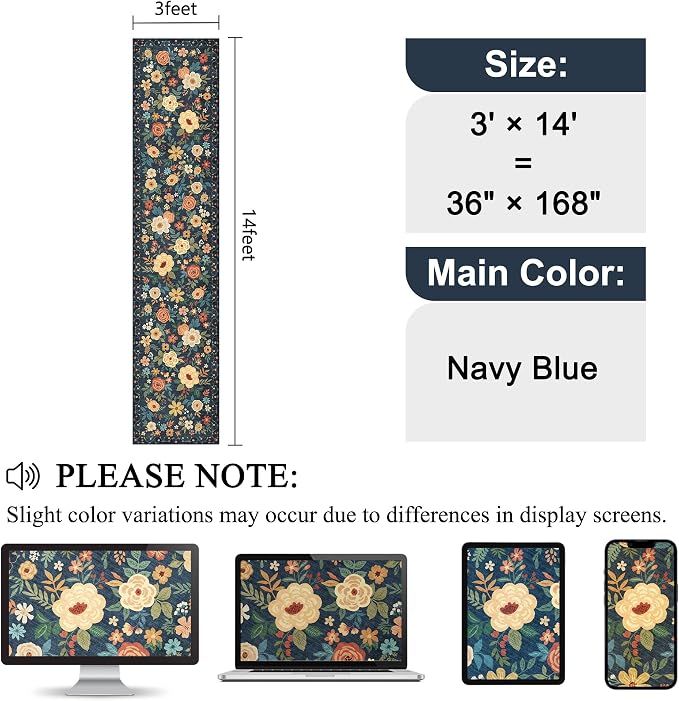 DUKINO 3x14 Washable Runner Rug, Non Slip Kitchen Runner Rug, Navy Blue | Soft, Low Pile, Floral Indoor Long Carpet Runner for Hallway, Entryway, Bedroom, Bathroom, Laundry, Pet Friendly, Home Decor
