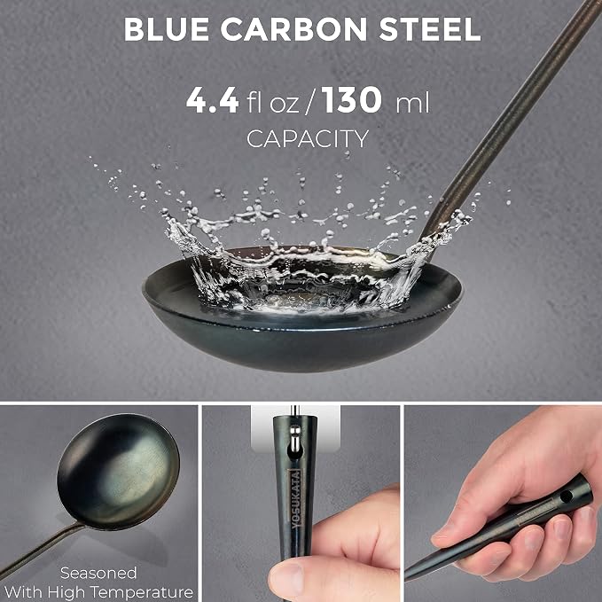YOSUKATA Carbon Steel Flat Bottom Wok Pan - 13.5" + Wok Lid 12.8 Inch - Cover with Tempered Glass Insert Steam Holes + Blue Carbon Steel 17-inch Spatula, Ladle, 3 pairs Chopsticks