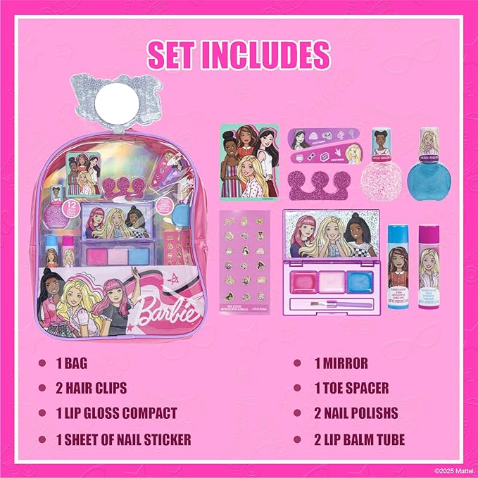 Barbie Makeup Filled Backpack Set, Including Lip Balm, Nail Polish, Nail File, Hair Bows Ages 3+ for Parties, Sleepovers Makeovers, by Townley Girl