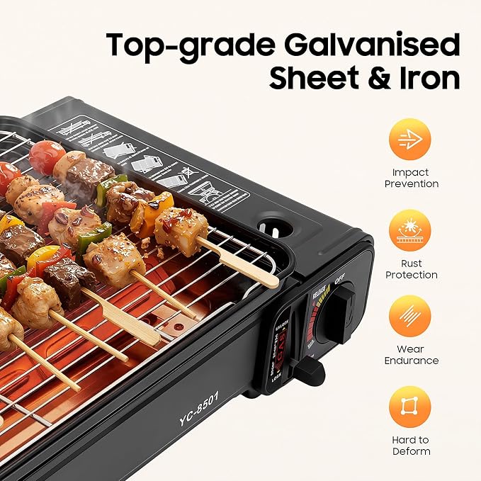 PERFERATE Portable Butane Grill - 7500 BTU Korean BBQ Grill Stove - Tabletop BBQ Camping Grills with Barbecue Kit & Carrying Case for Outdoor Camping, Party, Picnic Cooking