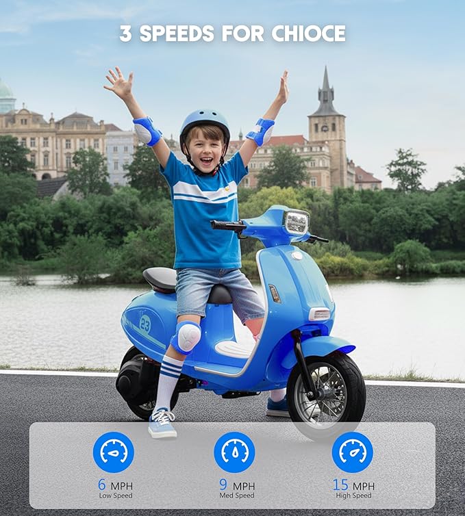 Kids Motorcycle, 2 Wheel Electric Motorcycle for Boys Ages 8-14, 24V Ride on Toys with Music, Story, Headlight, 3 Speed Options, Up to 60min Ride Time, for Riders up to 143 lbs, Easy Assemble, Blue