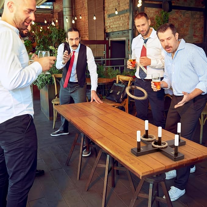 Leitee Mini Tabletop Ring Toss Game for Adults, Portable Wooden Desktop Ring Toss Set with Cross Base, 5 Scoring Pegs, 6 Rope Rings and Carry Bag for Indoor Office, Home, Parties and Travel