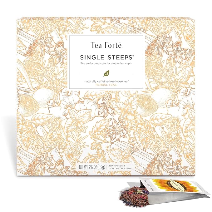 Tea Forte Single Steeps Loose Leaf Tea Sampler Tea Chest, Assorted Variety Tea Box, 28 Single Serve Pouches, Herbal Tea