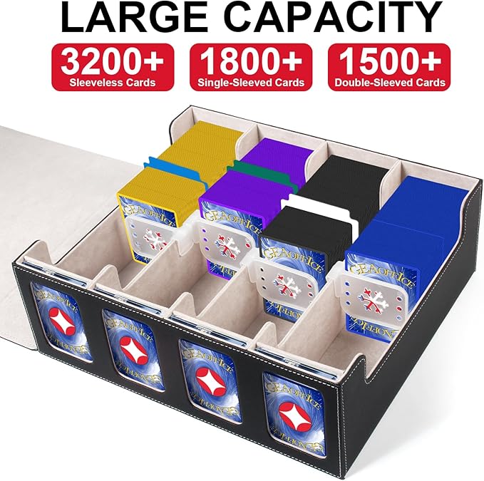 GEAoffice Trading Card Storage Box with Commander Display, 3200+ Card Deck Case with Magnetic Removable Lid, 4-Row Deck Box for MTG/TCG/Sports/Games, 10 Stoppers, 24 Dividers, 1 Dice Tray, Black Grey