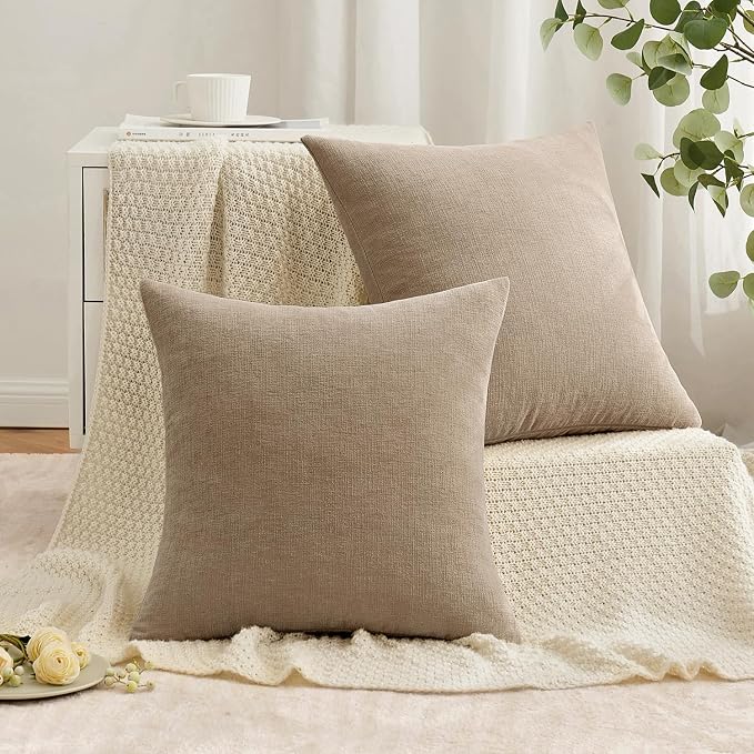 MIULEE Light Brown Chenille Couch Throw Pillow Covers, 20x20 | Set of 2, Farmhouse Rustic Home Decor, Decorative Pillowcases for Sofa Living Room Bed