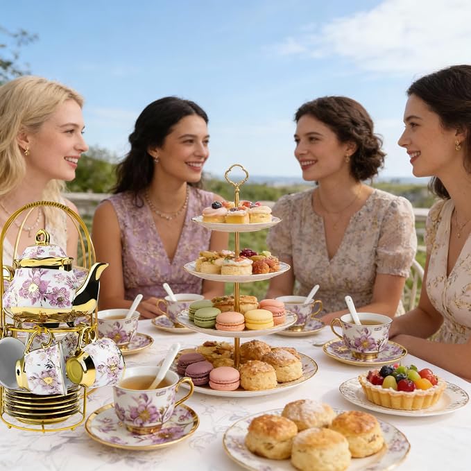 20 Pcs Porcelain Tea Set with Metal Holder, 700ml/23oz European Ceramic Tea Set for Adults, Adult Tea Set Gift, Flower Tea Cup Saucer Set for Party With Gold Flower Painting (Elegant Purple/700ml)