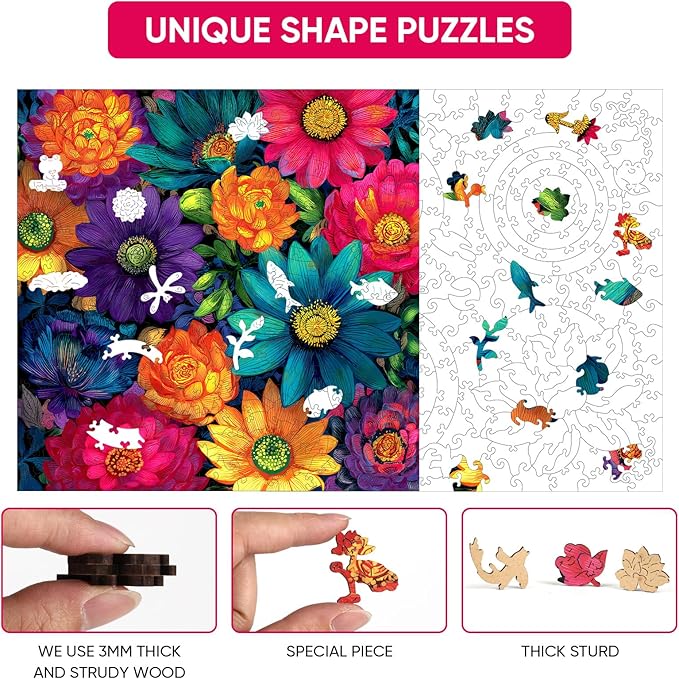 MEATRN Multicolor Chrysanthemum Wooden Puzzles for Adults 500 Pcs, 15.9x15.9 in, Fun Educational Wood Puzzle, Handmade Decorative Gift, Relaxing Wood Puzzle Game for Family