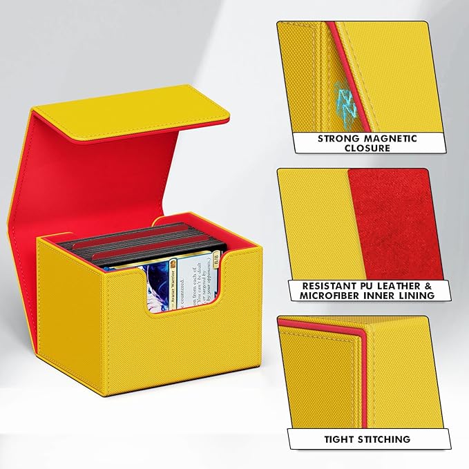 ZLCA Card Deck Box for Trading Cards, MTG Commander Deck Box Holds 120+ Single Sleeved Cards, Leather Magnetic Card Storage Box Fits for TCG CCG Magic Cards (Yellow&Red)