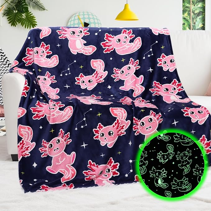 BORORO Glow in The Dark Axolotl Blanket - Soft, Cozy, Cute 50x60 inch Salamander Blanket Gifts for Kids