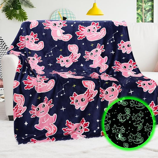 BORORO Axolotl Blanket Pink Glow in The Dark Blanket Axolotl Gifts Soft Cozy Cute Salamander Blanket Axolotls Toys Birthday Gifts for Girls Kids Boys 60x80 inch