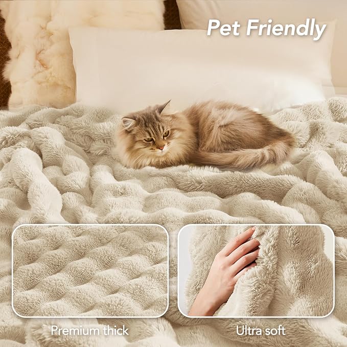 L'AGRATY Faux Rabbit Fur Throw Blanket for Couch, 90'' x 90'' Almond White | Soft Cozy Bubble Fluffy Blanket for Sofa Bed, Thick Warm Plush Fuzzy Throw for Room Home Decor, Luxury Gift for Women Mom