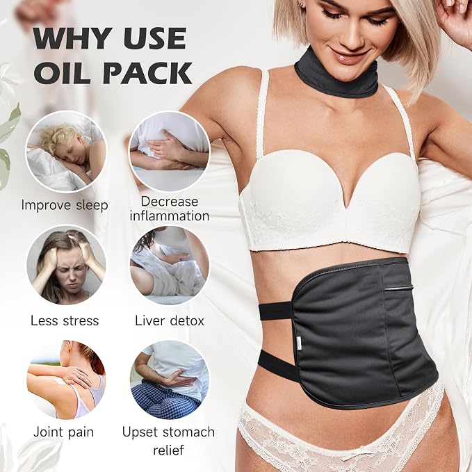 2 Pack Castor Oil Pack Wrap Organic Cotton for Liver Detox, Reusable Castor Oil Compress Highly Absorbent Anti Oil Leak, Black（Oil are Not Include