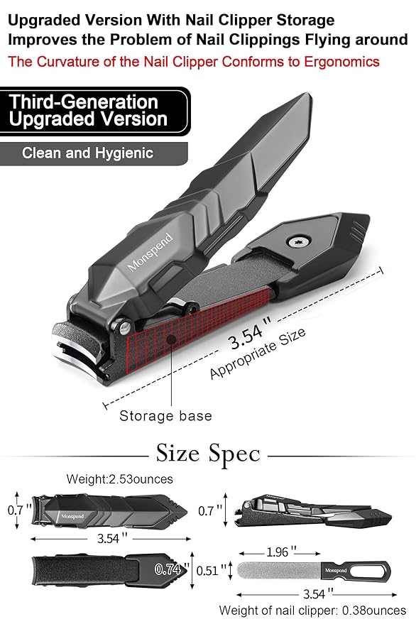 Nail Clippers with Catcher – No Splash Nail Cutters Fingernail and toenail Clippers for Thick Nail， Stainless Steel Fingernail Cutter for Men Women，Custom Flannelette Bag Storage
