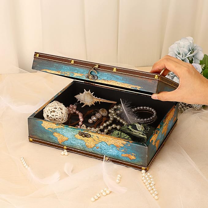 ELLDOO Decorative Treasure Chest Box, Wooden + PU Leather Storage Box for Jewelry Trinkets Photos, Rectangular Keepsakes box for Girls Women Gifts, Green Map Pattern