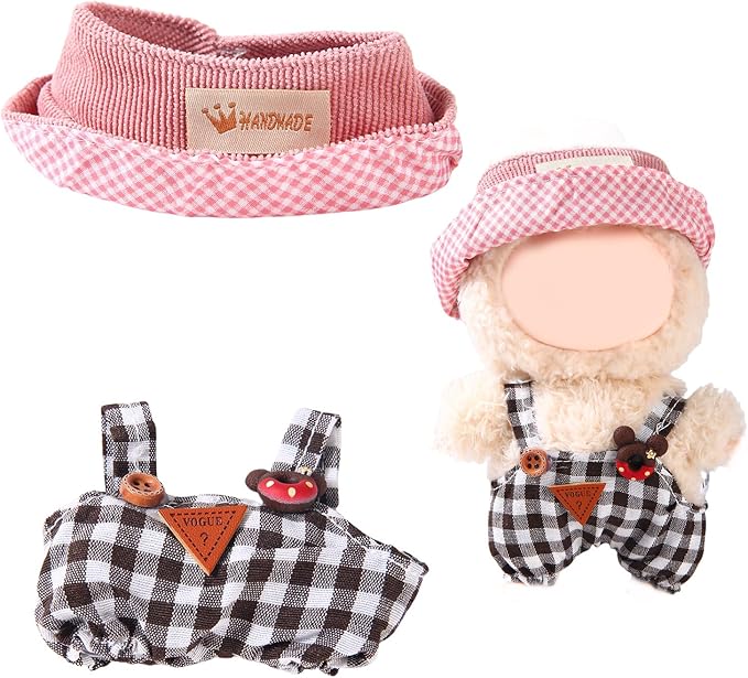 17cm Doll Clothes Set (No Doll) – Outfit with Hat & Overalls, Handmade Accessories for Mini Dolls, OB11-Compatible Dress-Up Gift (Pink Hat)