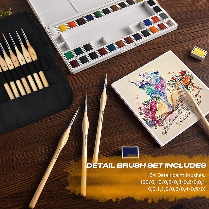 Golden Maple Miniature Paint Brushes, 15PC Model Brushes Micro Detail Paint Brush Set, Fine Detailing for Acrylics, Oils, Watercolors & Paint by Number, Figurine (Wood Color)