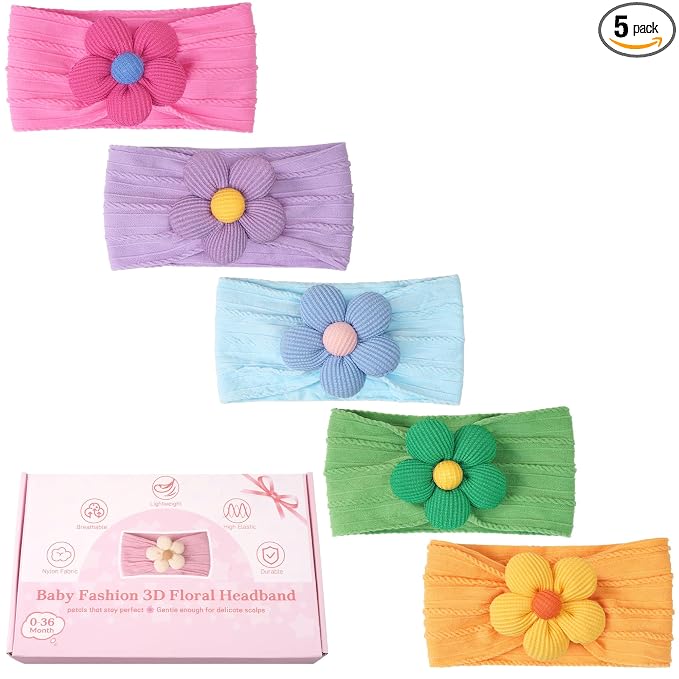 CÉLLOT 5 Pcs Baby Flower Headbands Baby Girls Nylon Headbands Soft Hairbands Hair Accessories for Newborn Infant Toddler Kids(Spring Summer Vibe)