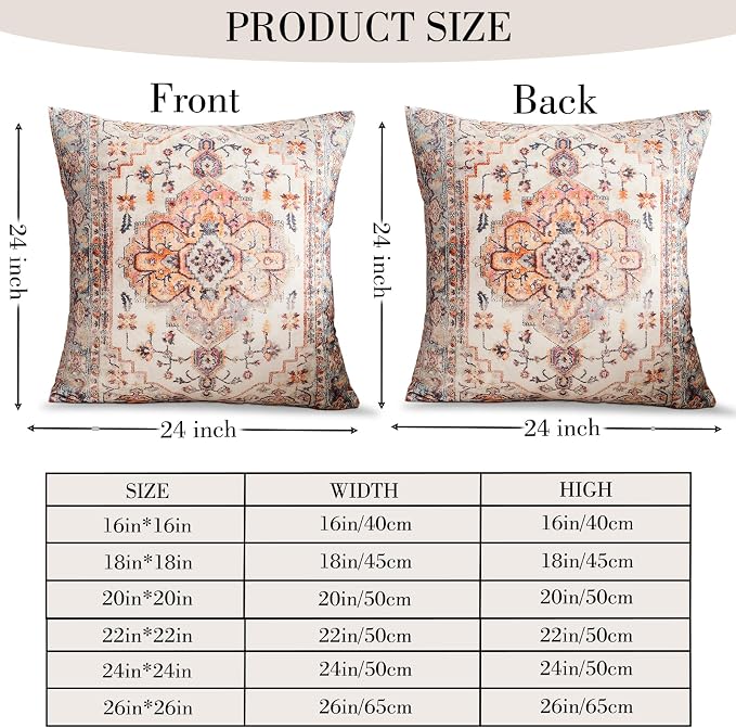 Boho Throw Pillow Covers 24x24 inch Set of 2,Boho Vintage Carpet Pattern Antique Ethnic Decor Double Sided Pattern Cushion Cover Soft Pillow Case Living Sofa Room Bed Square Pillow Cover