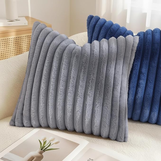 decorUhome Fall Faux Fur Throw Pillow Covers 22x22 Set of 2 Grey | Decorative Soft Cozy Striped Plush Modern Farmhouse Boho Couch Pillow Cases Velvet Back for Sofa Bed Living Room Home Decor