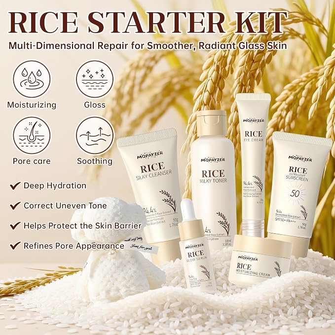 7PCS Rice Skincare Set Gift Box, Korean Skin Care Set for Women Teens Girls, Rice Cleanser Toner Serum Face Cream Eye Cream Sunscreen with Towel Bear Ornament, Hydrating Daily Face Care Kit