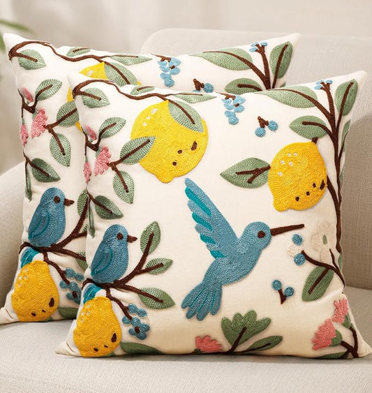 Embroidered Throw Pillow Covers 18x18 Inch, 2Pack, Bird Lemon | Decorative Pillow Covers Set of 2, Farmhouse Cushion Cases with Hidden Zipper, Cottagecore Decor for Couch, Sofa, Living Room