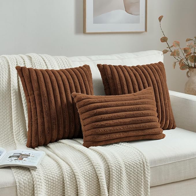 FUTEI Pack of 2 Faux Fur Throw Pillow Covers 12x20 Inch, Rust | Fluffy Faux Rabbit Fur Front/Premium Velvet Back,Hidden Zipper,Machine Washable,Non-Shedding,Colorfast,Insert Not Included.