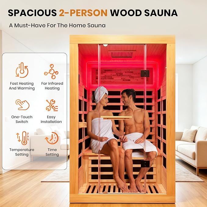 Infrared Sauna 2 Person Far Infrared Sauna Low-EMF Canadian Hemlock Wood Indoor Dry Saunas with Red Infrared Beauty Light Bluetooth Speaker Two Person Sauna 2250W 47.3 * 41.3 * 74.8 in