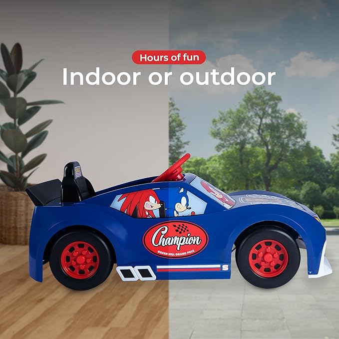Sonic The Hedgehog 6V Grand Prix Kids Ride on Car, Rechargeable Battery, Working Headlights, Sounds, Hood Storage, 1.9mph Speed, Exciting Ride On Toys for Children Ages 3 and Up