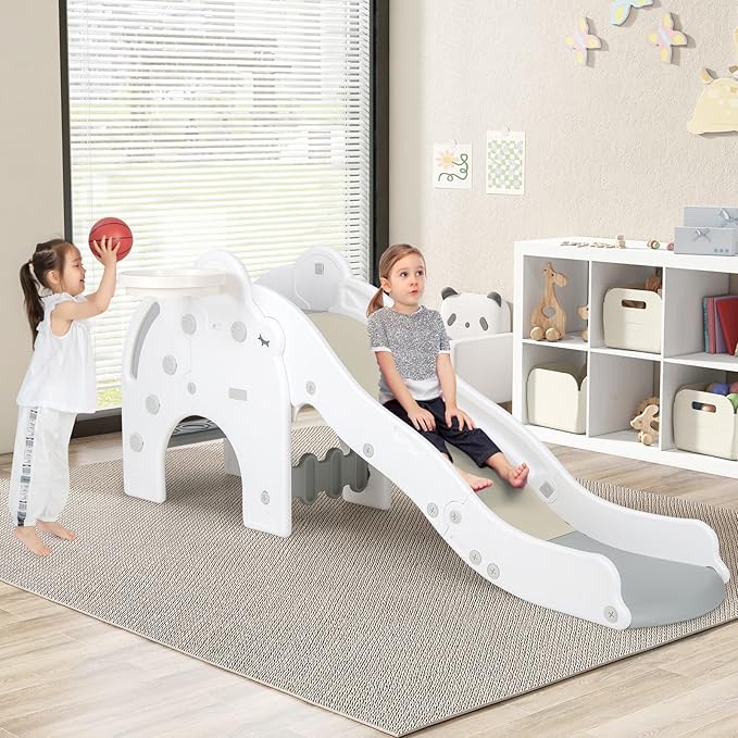 INFANS Toddler Slide, 4 in 1 Indoor Kids Slide Wave Slideway Max Load 330lb for Age 18+ Months with Basketball Hoop Ball, Outdoor Climber Freestanding Playset, Sturdy Plastic Playground Toy