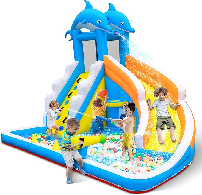 TOAOB Inflatable Water Slide,5 in 1 Dolphin Inflatable Bounce House for Kids- Climbing Wall Splash Pool Water Cannon Basketball Rim - 480W Blower - for Indoor Outdoor Backyard Birthday Party