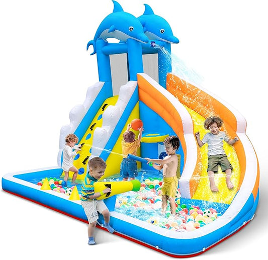 TOAOB Inflatable Water Slide,5 in 1 Dolphin Inflatable Bounce House for Kids- Climbing Wall Splash Pool Water Cannon Basketball Rim - 480W Blower - for Indoor Outdoor Backyard Birthday Party