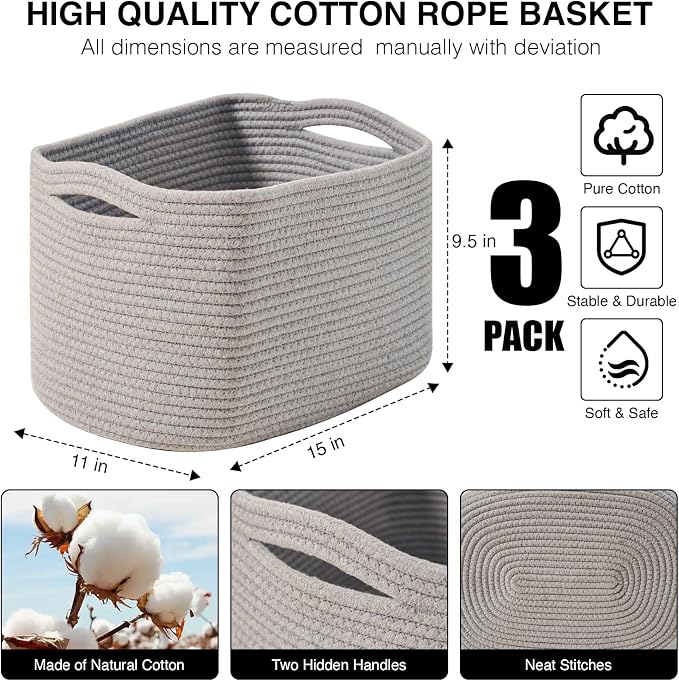ICERZCZ Storage Baskets for Organizing Shelves, Woven Cotton Rope Bins for Baby Nursery Organization, Book Toy Towel Organizer, 15"x11"x9.5", 3 Packs, Grey