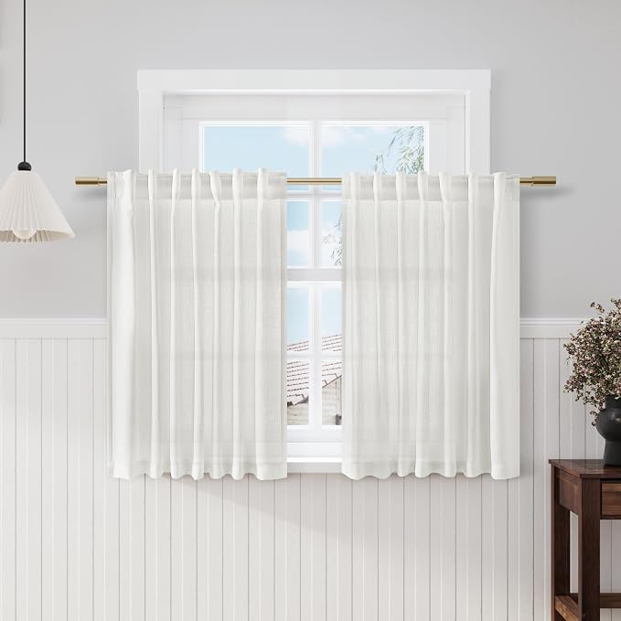 Nanspring Off White Kitchen Curtains 36 Inch Length Set 2 Panel Back Tab Pocket Semi Sheer Short Linen White Curtain Tiers for Small Bathroom Window Basement 52x36