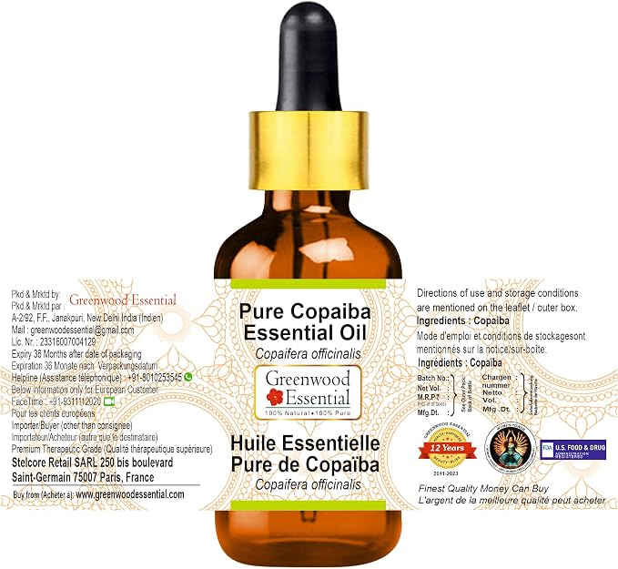 Greenwood Essential Pure Copaiba Essential Oil (Copaifera officinalis) with Glass Dropper Steam Distilled 15ml (0.50 oz)