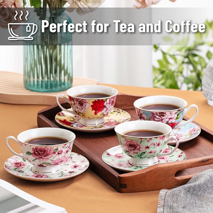 BTaT- Floral Tea Cups and Saucers Set of 4 (8 oz), Porcelain Tea Cup Sets with Gold Trim & Gift Box, Dishwasher & Freezer Safe