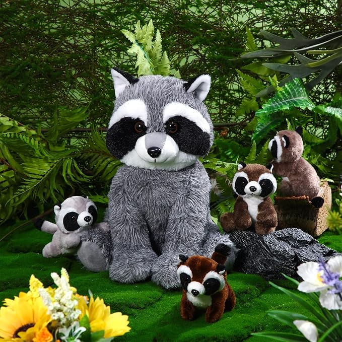 5 Pcs Raccoon Stuffed Animal Set Adorable Mommy Raccoon Plush with 4 Cute Babies in Tummy Soft Cuddly Plushie for Birthday Woodland Party Decor(Cute Style)