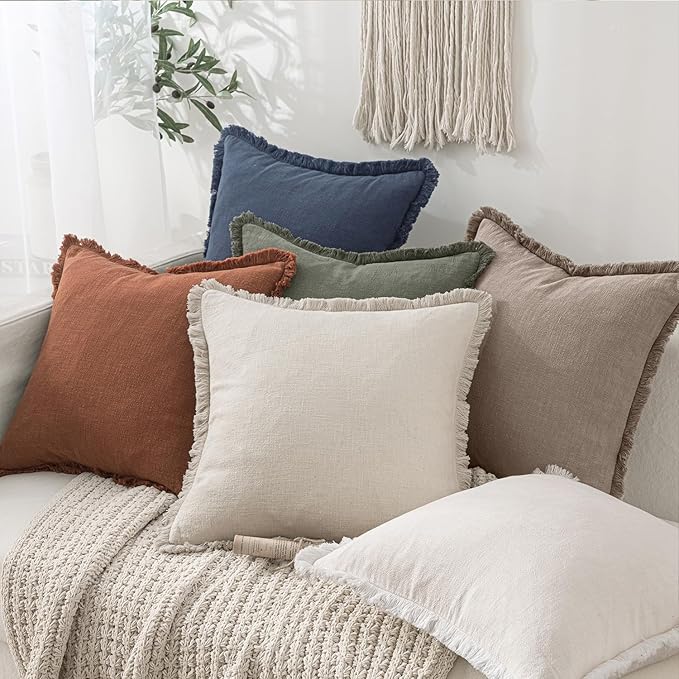 MIULEE Linen Fringe Decorative Fall Euro Throw Pillow Covers Dune 26x26 | Set of 2, Cottagecore Decor, Boho Farmhouse Neutral Pillow Covers, Rustic Fall Couch Cushion Cases for Sofa Bed Living Room