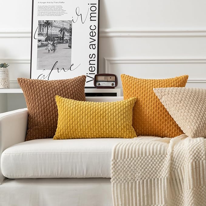 Kevin Textile Soft Corduroy 12"x20" Pillow Cover 1 Pack, Mustard Yellow | Boho Stripe Plush Corduroy Decorative Oblong Cushion Cover Modern Farmhouse Home Decor for Sofa Couch Bed Chair