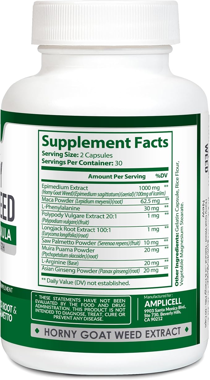 Horny Goat Weed Complex Supplement with Maca Root, Tongkat Ali, L-Arginine & Panax Ginseng – Energy, Stamina, Circulation & Vitality Support for Men & Women – Herbal Adaptogen Blend – 60 Capsules