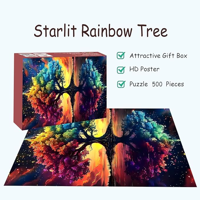 Puzzles for Adults 500 Pieces, Tree of Life Jigsaw Puzzles - Starlit Rainbow Tree, Impossible Starry Night Puzzle for Seniors Families,20.47x14.96 inches, 1:1 Poster, Letter on The Back