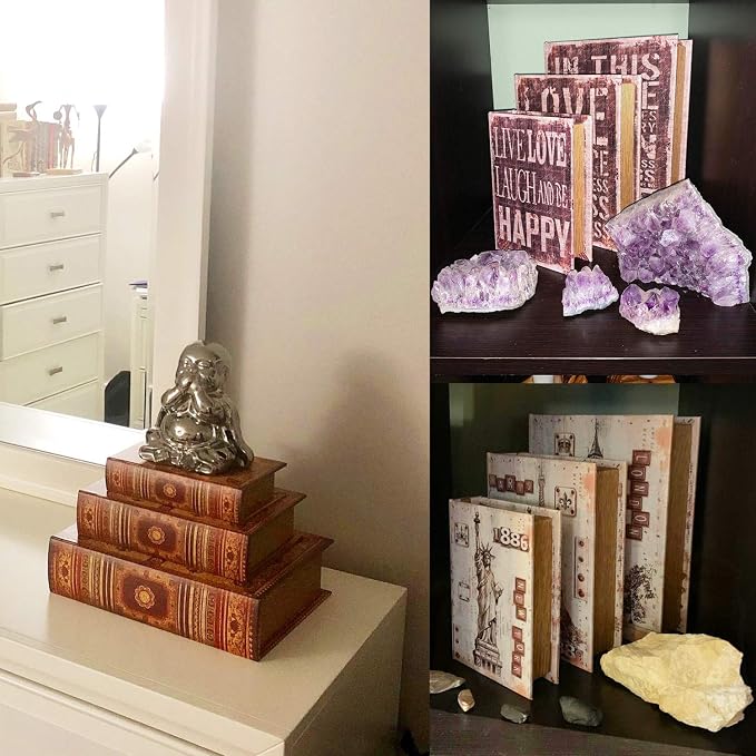 Jolitac Decorative Book Boxes World Map Pattern Antique Book Invisible box with Magnetic cover, Faux Wood Set of 3 Storage Set (Classic)