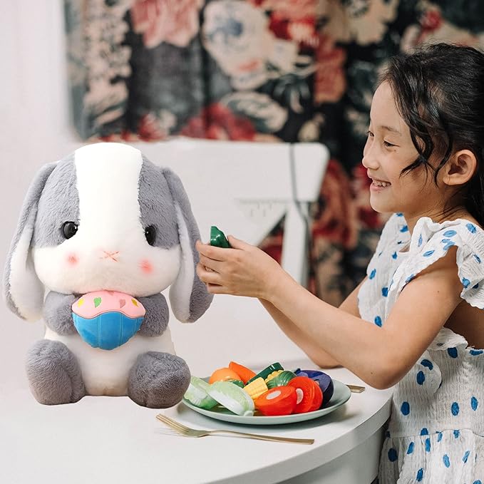 HOUPU Soft Toy - Sitting Lop Eared Rabbit, Easter White Rabbit Stuffed Bunny Animal with Carrot Soft Lovely Realistic Long-Eared Standing Pink Plush Toys (Ash White-Cake,8.6in/22cm)