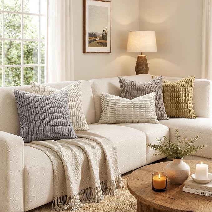 MIULEE Lumbar Corduroy Decorative Throw Pillow Covers 12x20 Cream White | Pack of 2 Soft Boho Striped Pillow Covers Modern Farmhouse Home Decor For Sofa Living Room Couch Bed